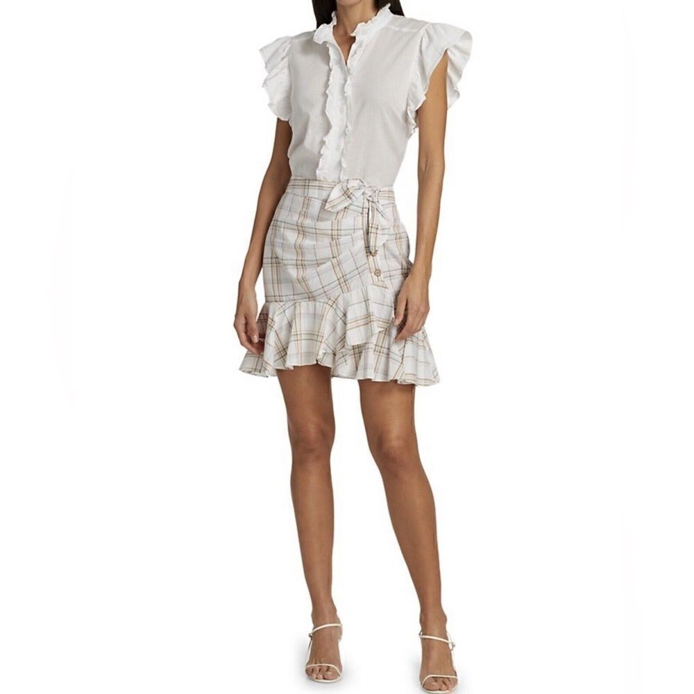 Veronica Beard Kaia Multi Plaid Print Button Front Flirty Ruffle Mini Skirt